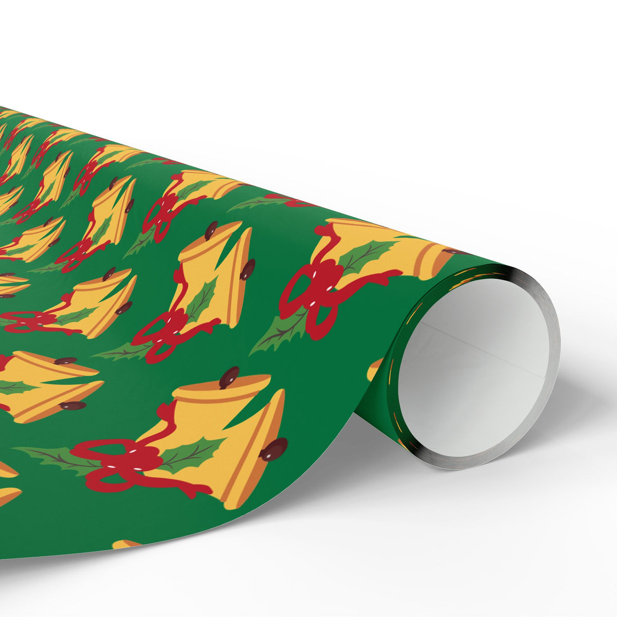 Christmas Bells Wrapping Paper Roll — Green Holly Holiday Gift Wrap