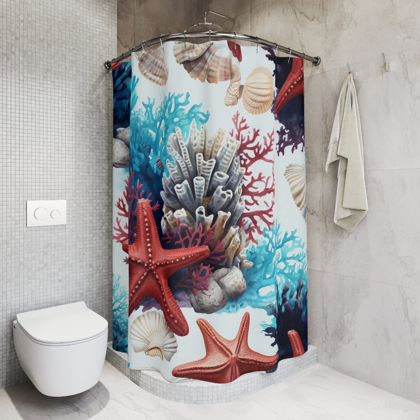 Coastal Seashell & Starfish Shower Curtain — Nautical Coral Bathroom Decor