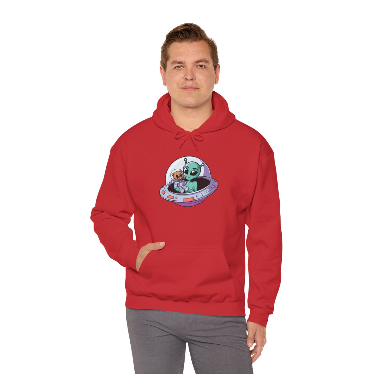 Cute Alien and Kid Hoodie, Unisex Heavy Blend Sweatshirt, UFO Lover Gift, Halloween Costume, Space-Themed Outfit, Birthday Present