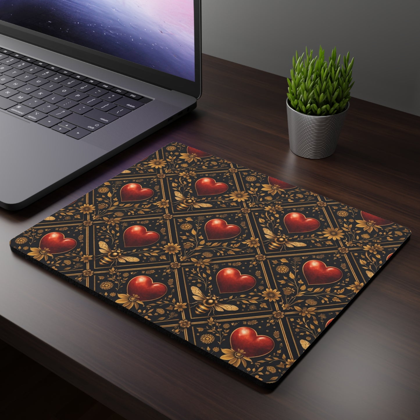 Heart Pattern Mouse Pad — Vintage Gothic Red Hearts on Ornate Gold Tile