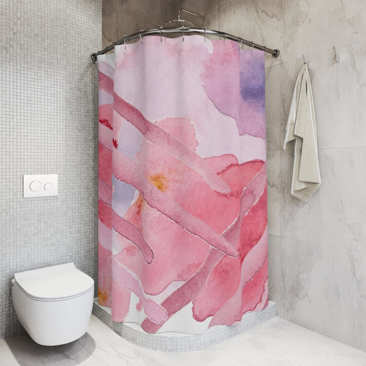 Pink Watercolor Abstract Shower Curtain — Soft Pastel Bathroom Decor