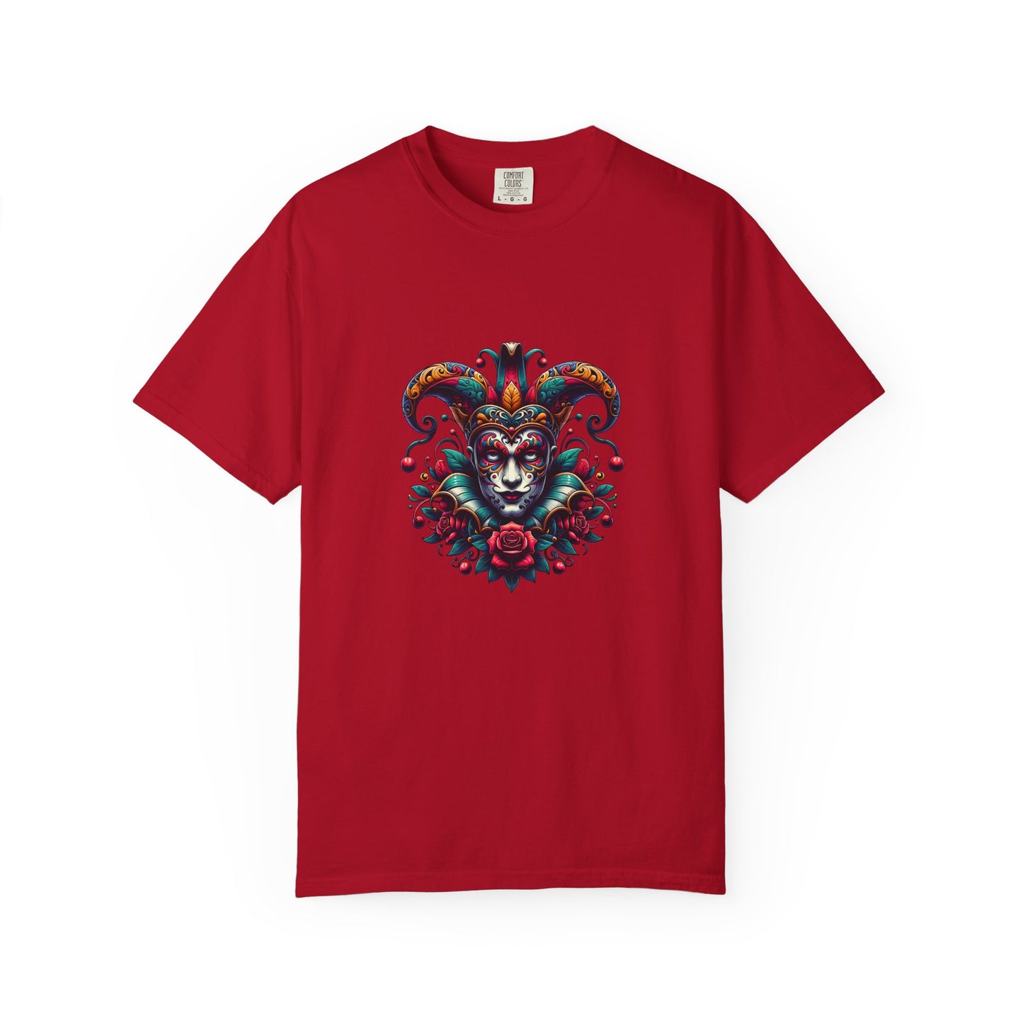 Vibrant Unisex Garment-Dyed T-shirt Featuring Colorful Jester Design, Festival Fashion