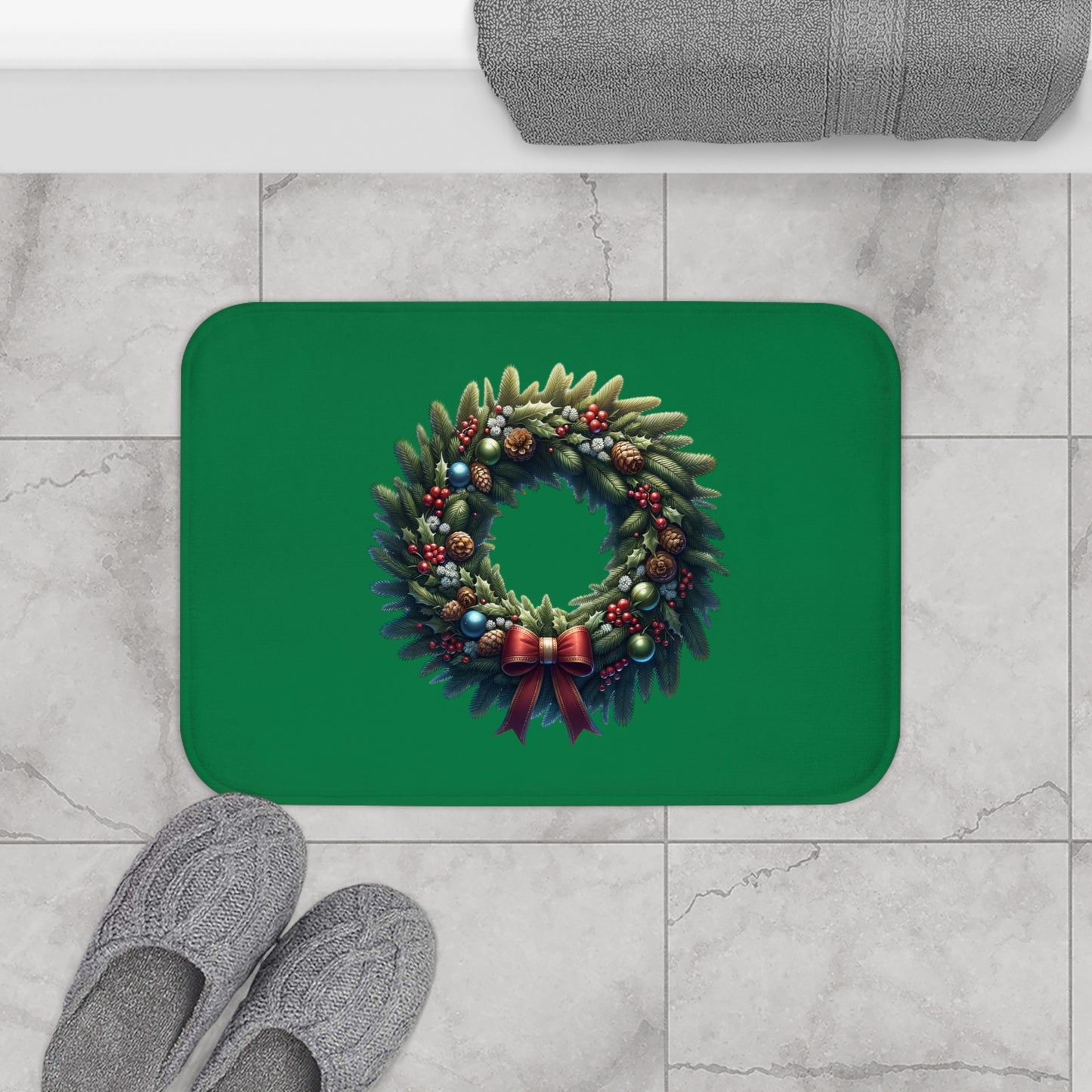 Christmas Wreath Bath Mat, Holiday Floor Rug, Seasonal Bathroom Decor, Festive Area Mat, Cozy Home Gift