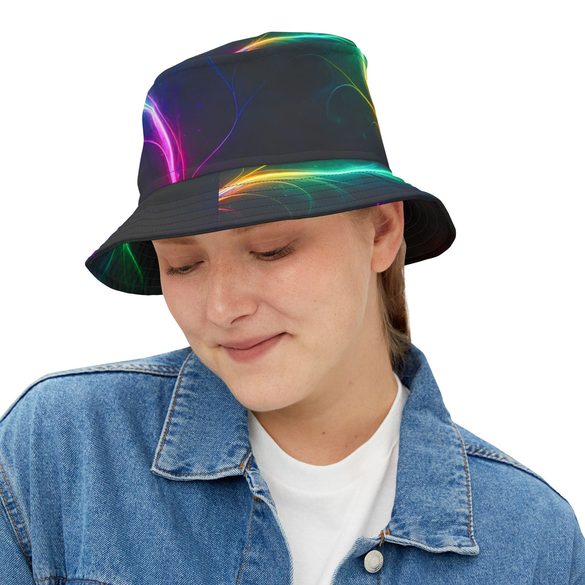 Neon Wave Bucket Hat — Abstract Glow AOP Summer Hat