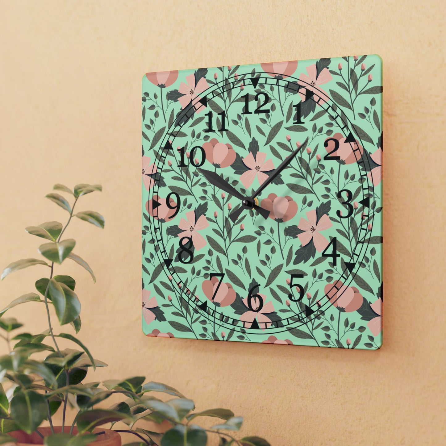 Floral Acrylic Wall Clock – Mid-Century Modern Decor, Home Accent