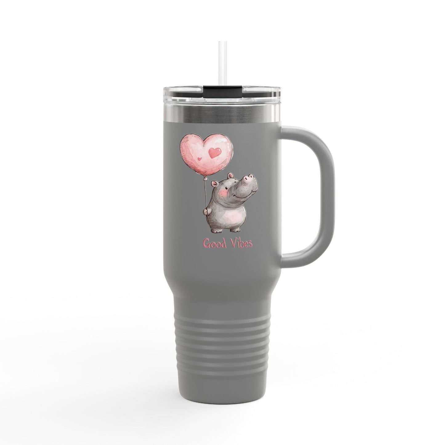Cute Hippo Good Vibes Insulated Travel Mug | 40oz | Fun Drinkware | Perfect for Travel, Gifts, Picnic, or Daily Use
