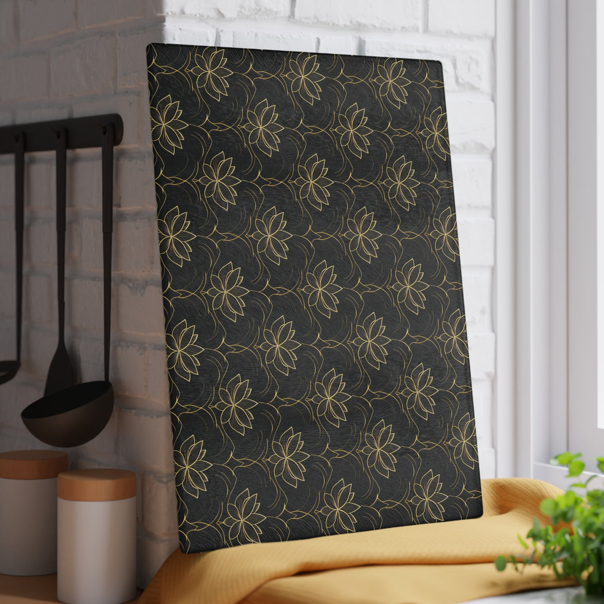 Lotus Pattern Glass Cutting Board — Elegant Black & Gold Kitchen Board