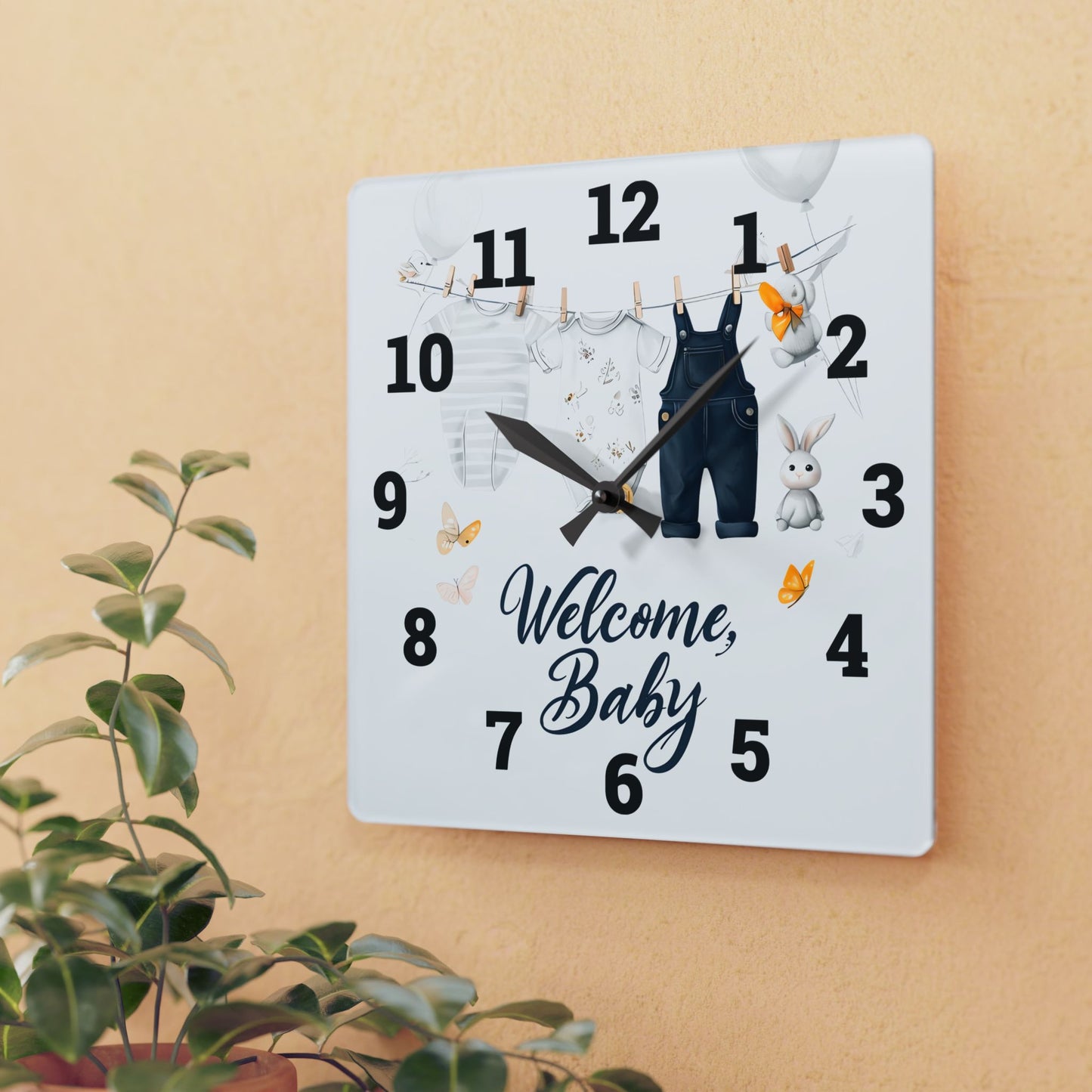 Cute Baby Welcome Acrylic Wall Clock, Nursery Decor, Baby Shower