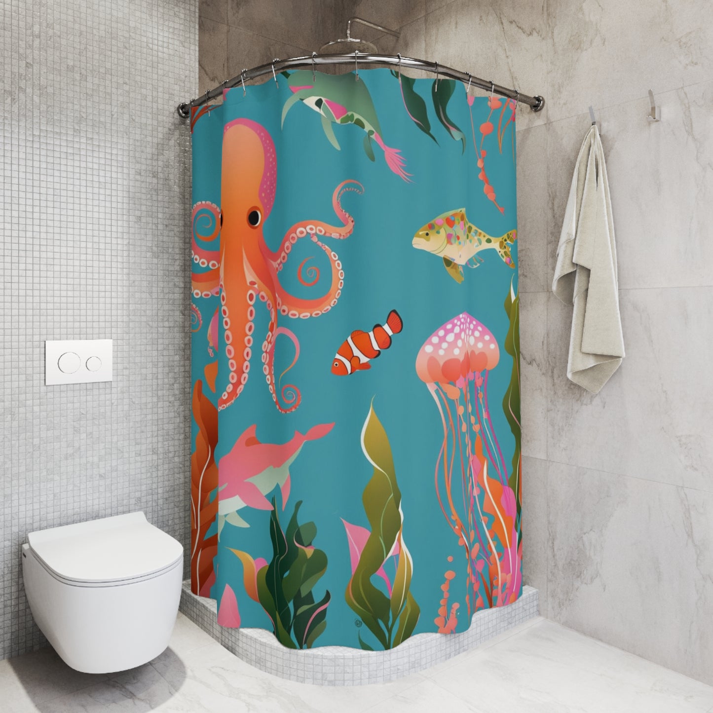 Ocean Life Shower Curtain — Colorful Octopus, Jellyfish & Fish Bathroom Decor
