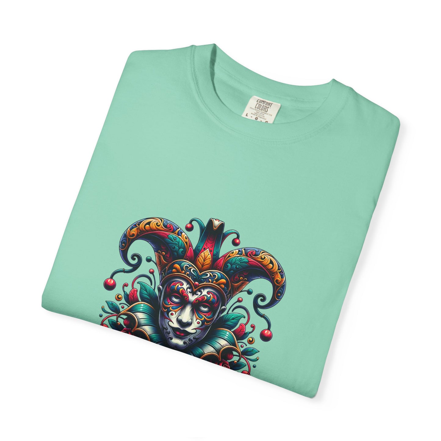 Vibrant Unisex Garment-Dyed T-shirt Featuring Colorful Jester Design, Festival Fashion