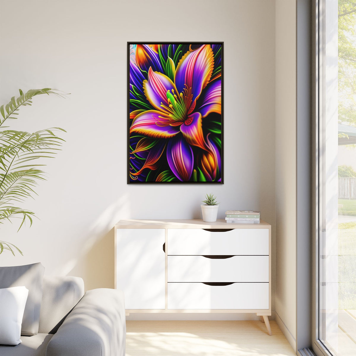 Vibrant Neon Floral Matte Canvas Print — Framed Wall Art