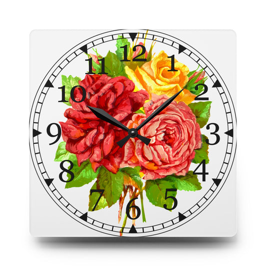 Vintage Floral Acrylic Wall Clock - Home Decor Accent, Romantic Decor