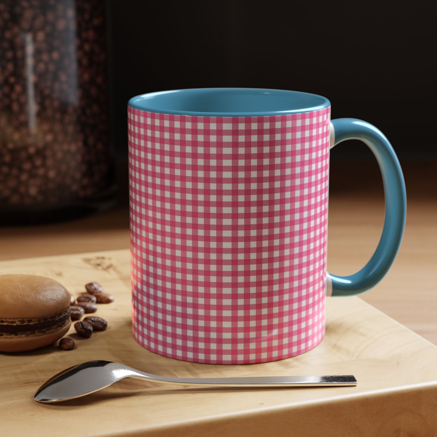 Pink Gingham Accent Coffee Mug, Cute Kitchen Decor, Gift for Coffee Lovers, Home Office Mug, Spring and Summer Vibes