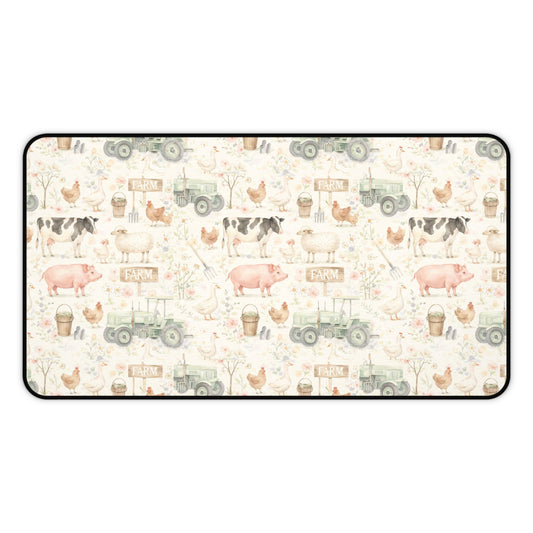 Farmhouse Animals Desk Mat — Vintage Tractor, Pig & Chicken Pattern