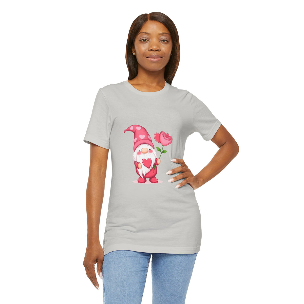 Valentine Gnome T‑Shirt — Cute Pink Gnome Holding Rose Tee