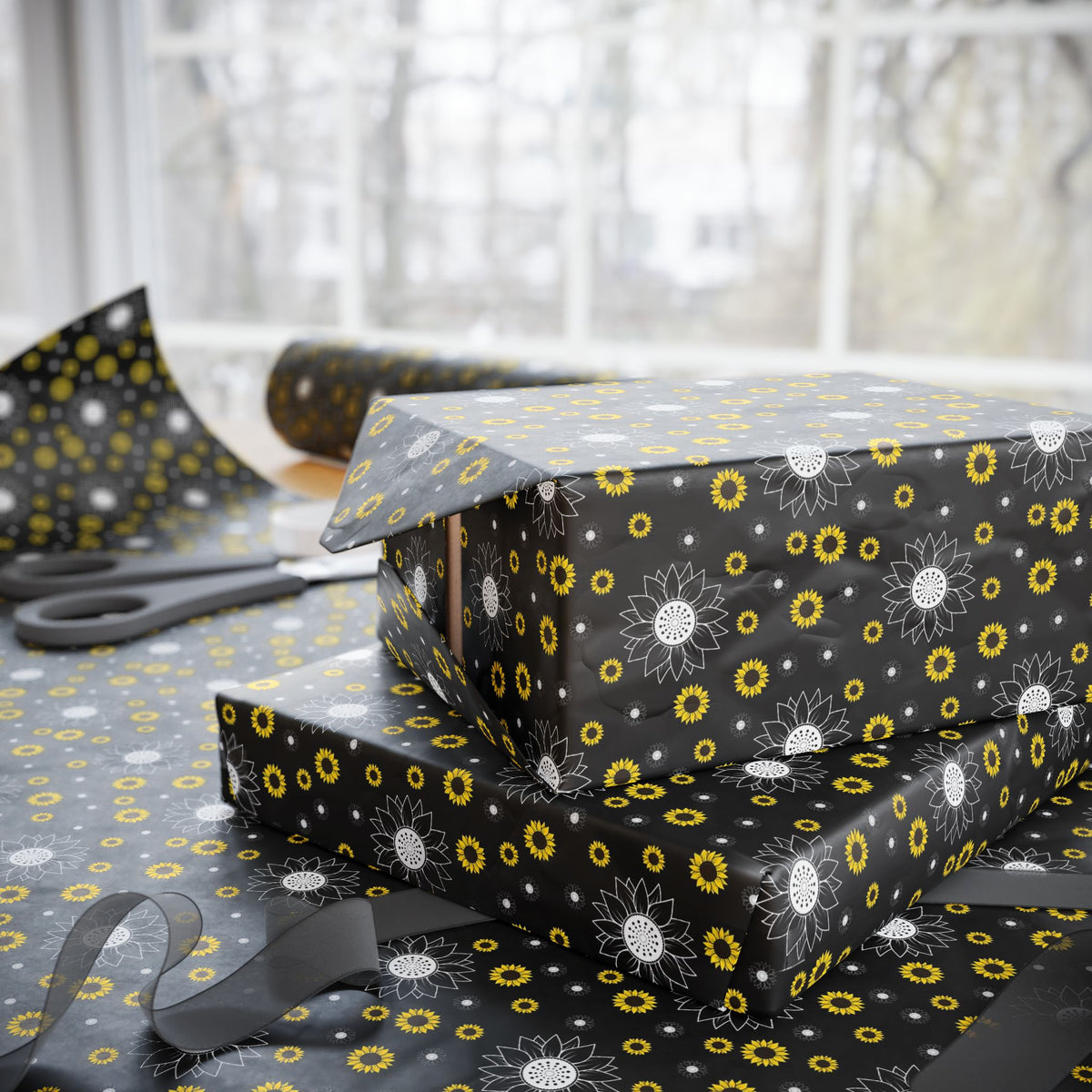 Sunflower Doodles Wrapping Paper Roll — Black & Yellow Floral Gift Wrap