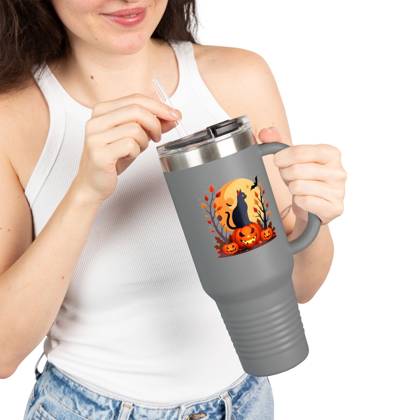 Halloween Cat Insulated Travel Mug | 40oz, Fall Coffee Tumbler, Pumpkin Travel Cup, Spooky Drinkware, Gift for Cat Lovers