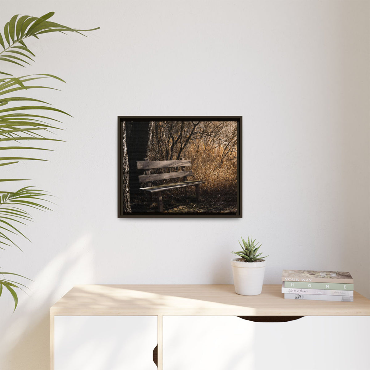 Framed Matte Canvas Print — Autumn Park Bench Photography