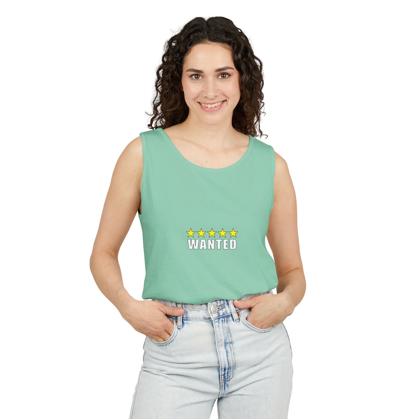 5-Star "WANTED" Garment-Dyed Tank Top, Unisex Summer Shirt, Gift for Him/Her, Trendy Casual Wear, Pool Party Outfit, Unique Graphic Tee