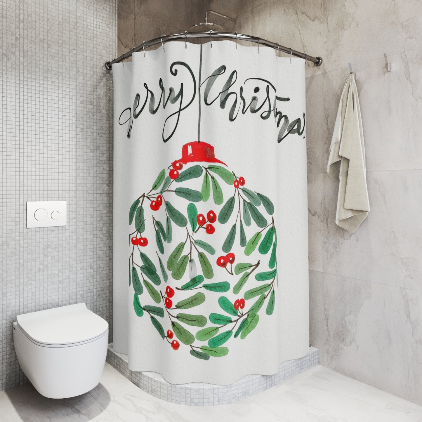 Merry Christmas Shower Curtain, Holiday Bathroom Decor, Festive Gift, Seasonal Decoration, Wreath Design