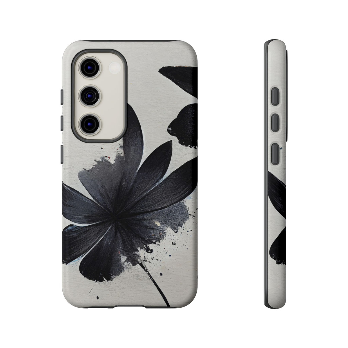 Monochrome Floral Tough Phone Case — Black Ink Flower Protective Cover