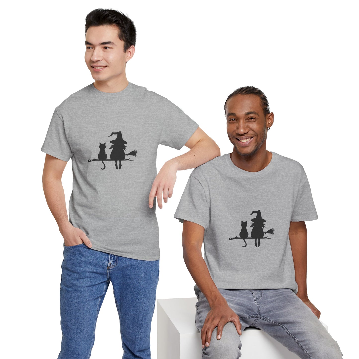 Witch and Cat Tee | Spooky Unisex Shirt for Halloween | Cute Witchwear for Cat Lovers | Fall Wardrobe Essential | Gift for Magical Friends