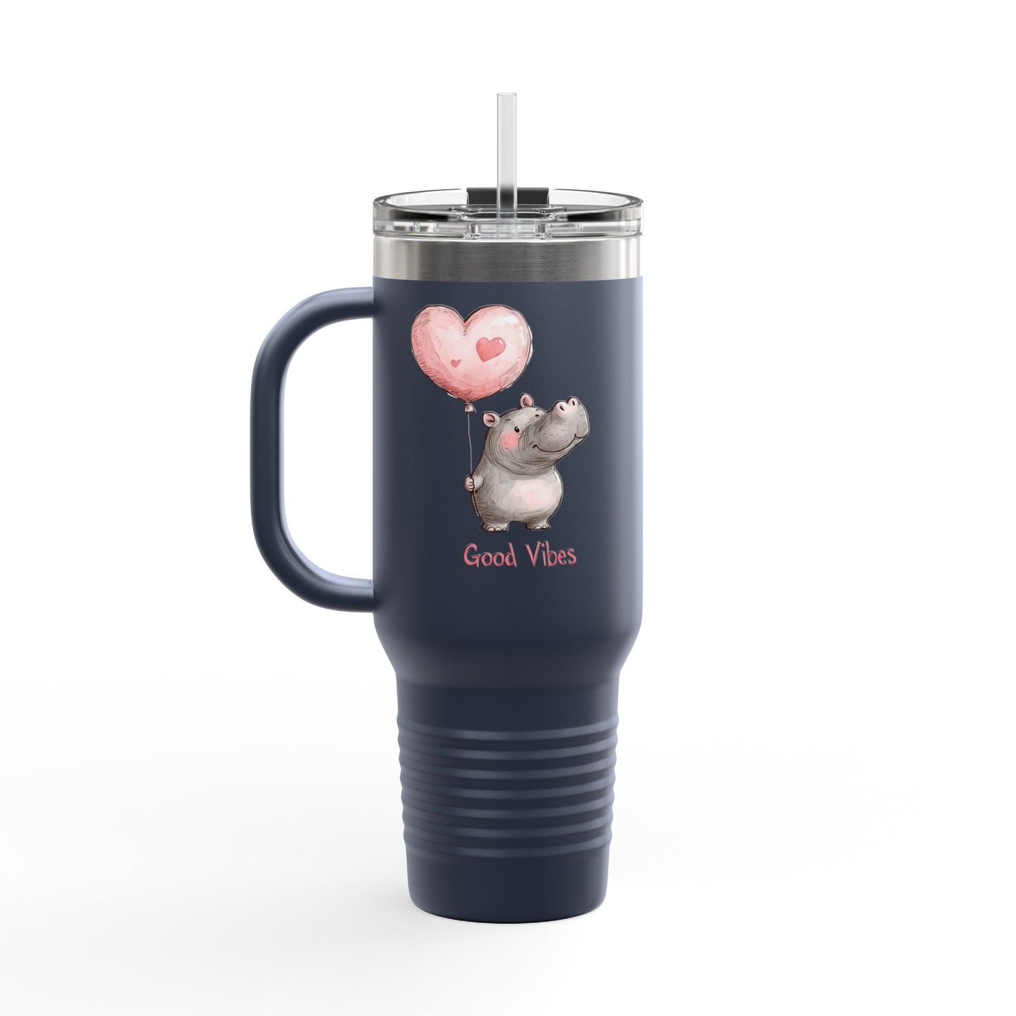 Cute Hippo Good Vibes Insulated Travel Mug | 40oz | Fun Drinkware | Perfect for Travel, Gifts, Picnic, or Daily Use