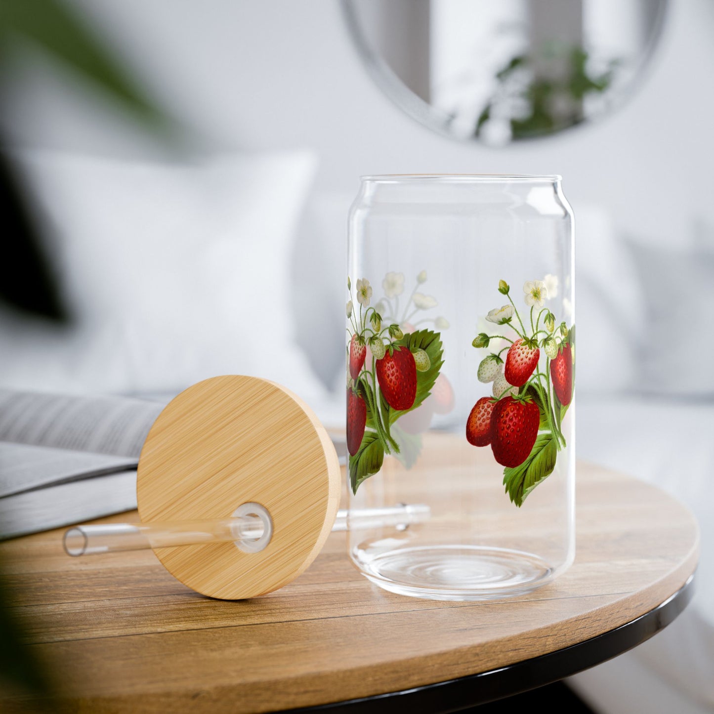 Strawberry-Painted Sipper Glass, Eco-Friendly Drinkware for Smoothies, Juices, Gifts for Mom, Summer Parties, Kitchen Decor