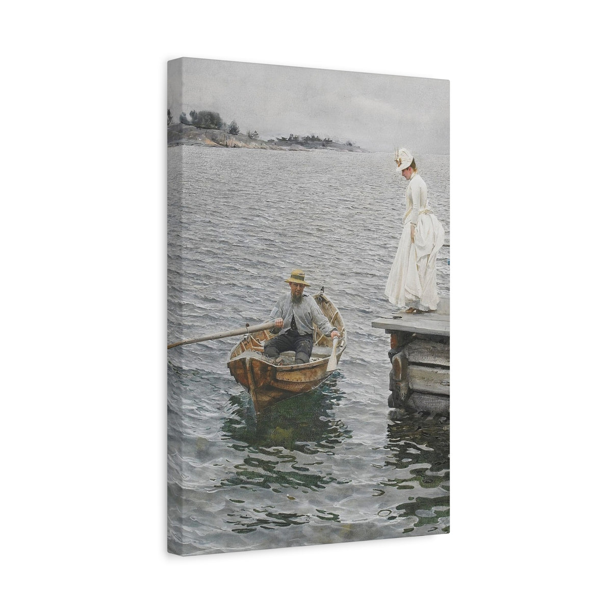 Seaside Stroll Canvas Print — Vintage Woman & Rowboat Matte Stretched Art 1.25"