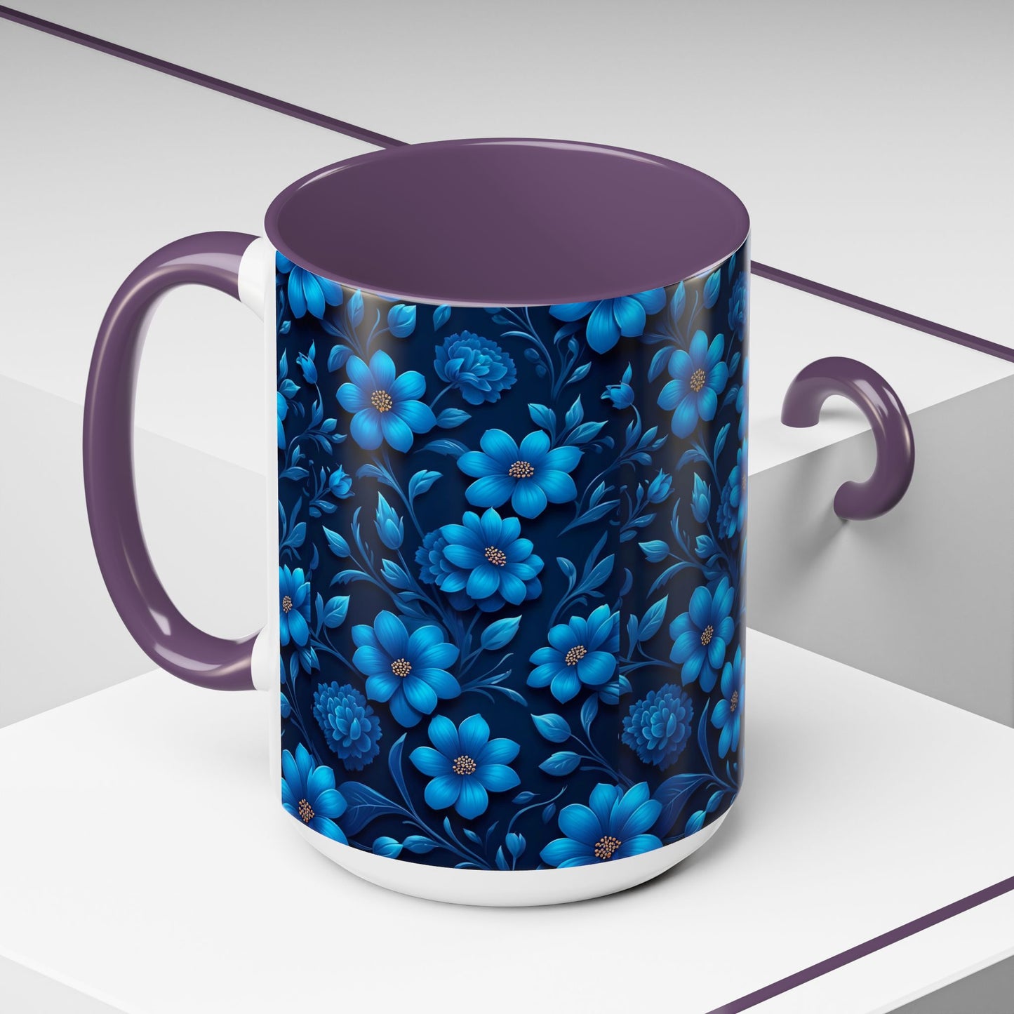 Floral Accent Coffee Mug, Blue Flower Mug, Ceramic Coffee Cup, Gift for Her, Nature-Themed Drinkware, Floral Home Decor, Unique Mug