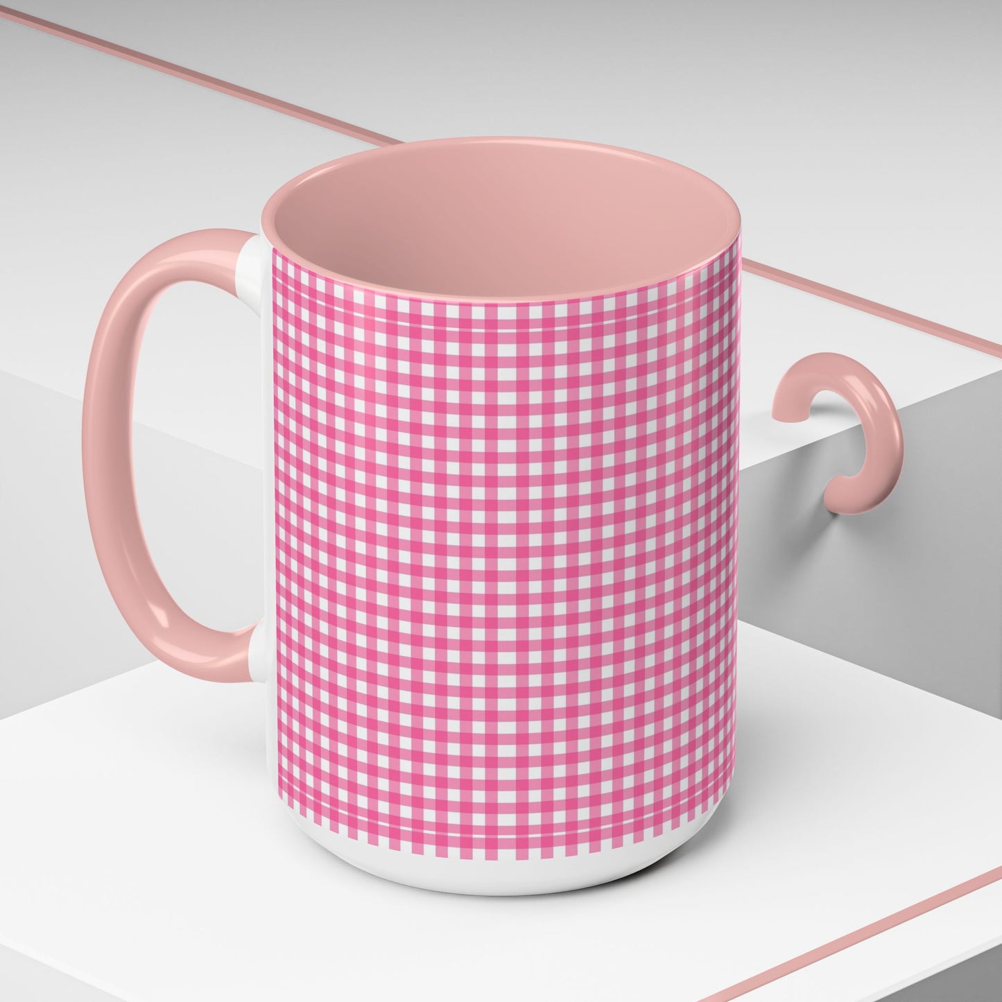 Pink Gingham Accent Coffee Mug, Cute Kitchen Decor, Gift for Coffee Lovers, Home Office Mug, Spring and Summer Vibes