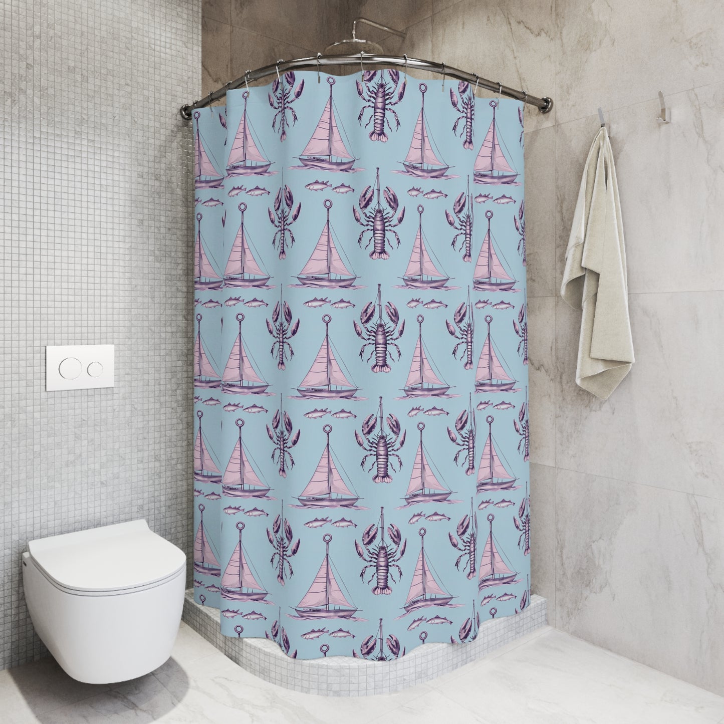 Nautical Lobster & Sailboat Shower Curtain — Pastel Blue Coastal Bathroom Decor