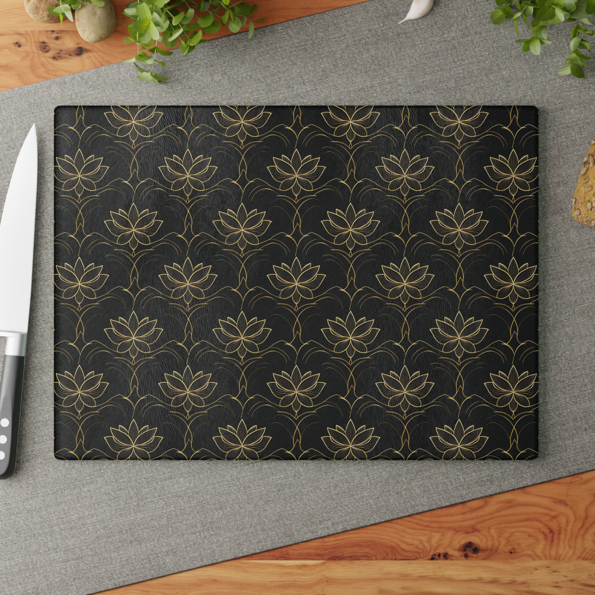 Lotus Pattern Glass Cutting Board — Elegant Black & Gold Kitchen Board