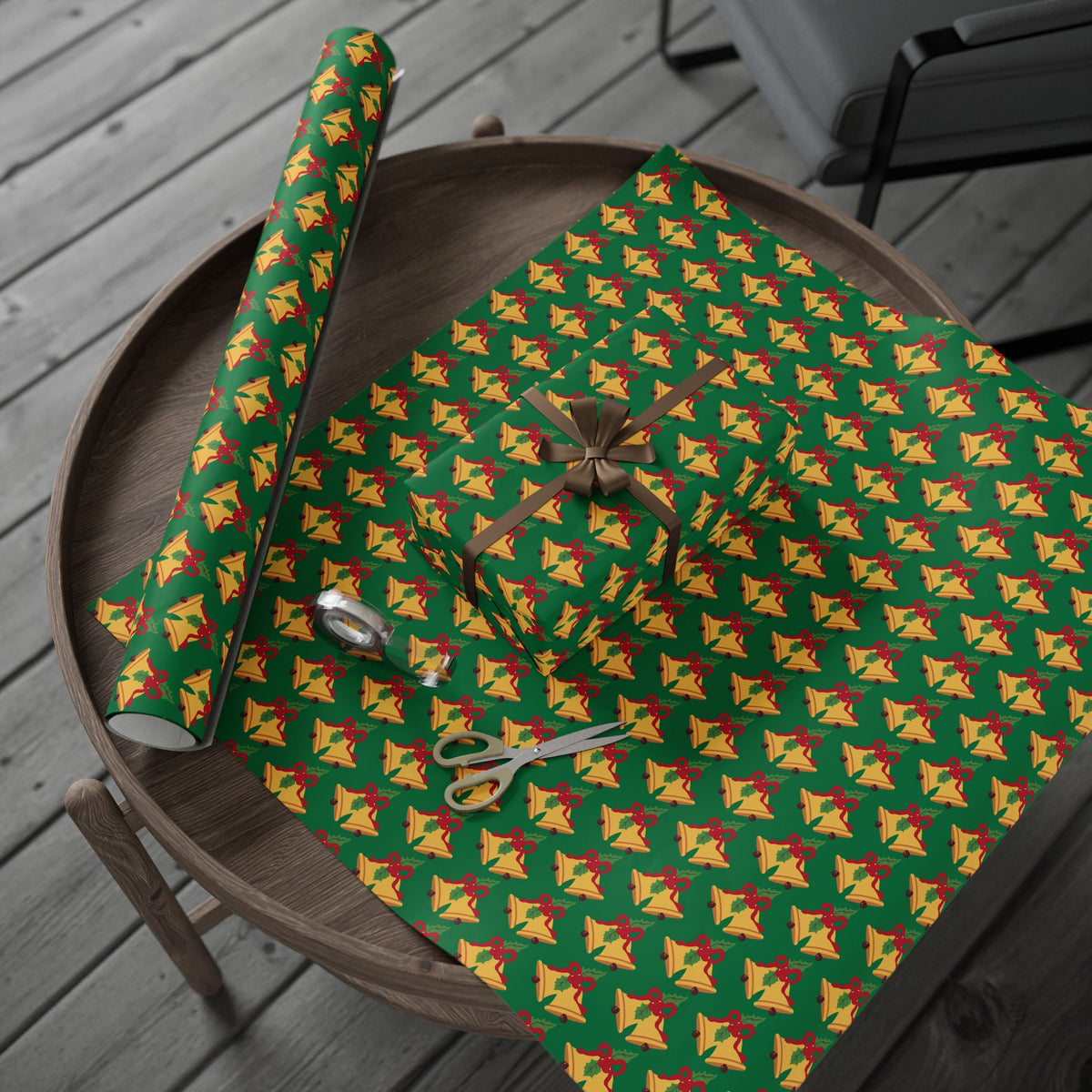 Christmas Bells Wrapping Paper Roll — Green Holly Holiday Gift Wrap