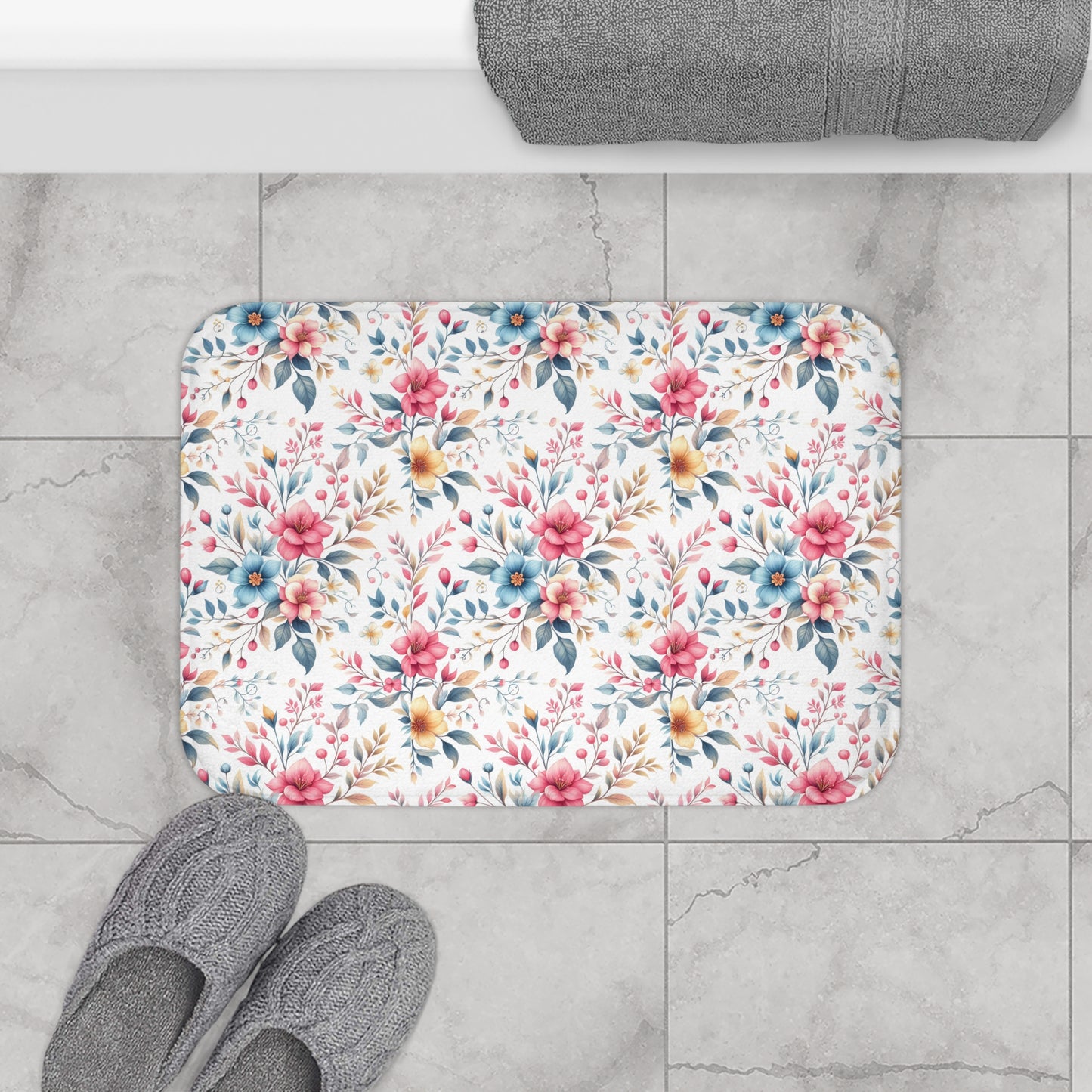 Floral Bath Mat - Cozy Home Decor, Bathroom Accessory, Gift for Her, Flower Pattern Rug, Spring Decor