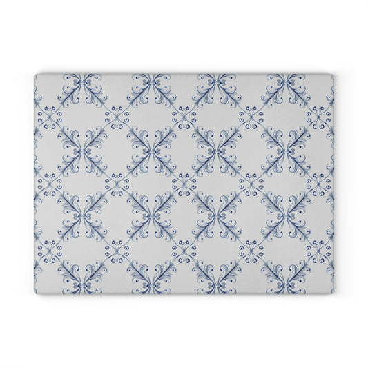 Glass Cutting Board - Blue Floral Vintage Tile Pattern (Elegant Kitchen Décor)