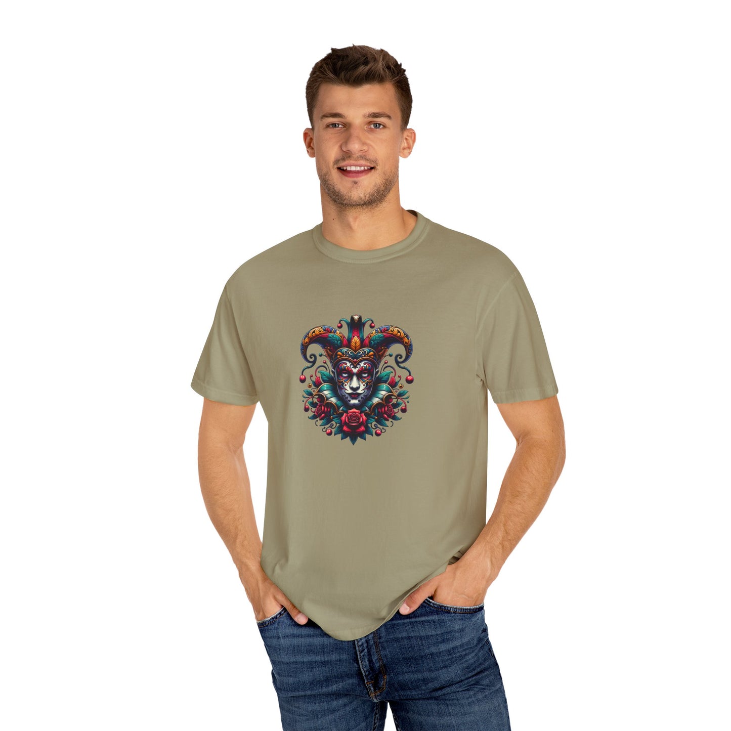 Vibrant Graphic Unisex T-Shirt with Floral Mask Design