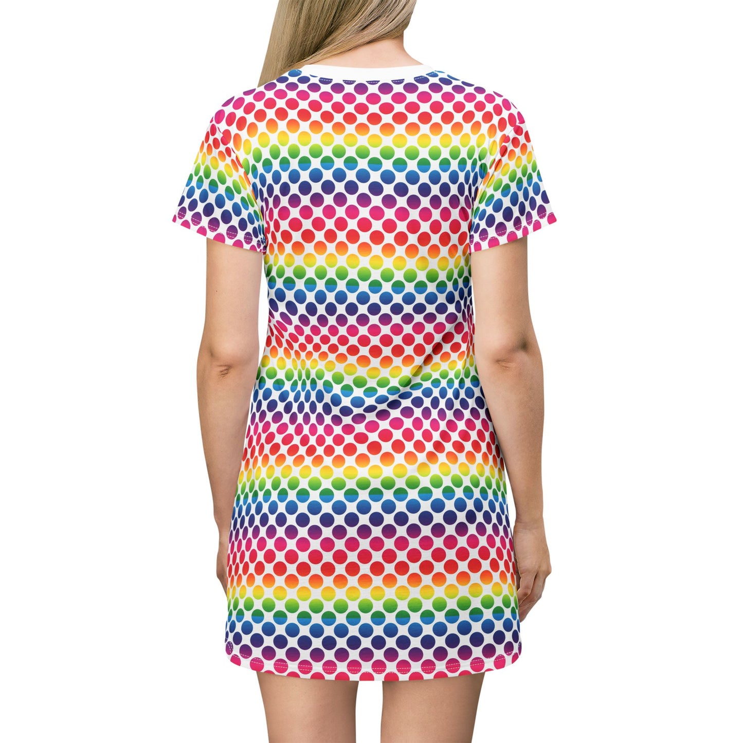 Rainbow Polka Dot T-Shirt Dress, Casual Summer Dress, Colorful Dress for Festivals, Gift for Her, Cute Everyday Wear