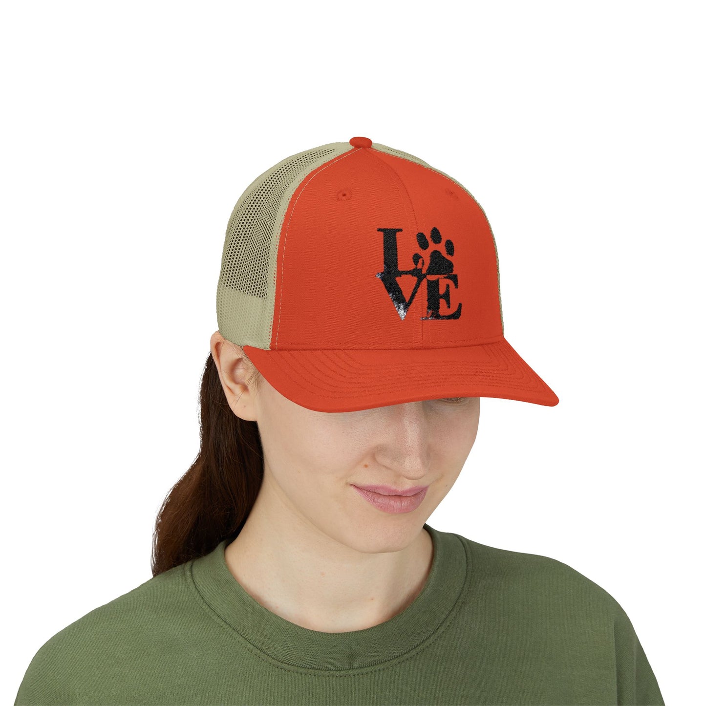 Love Paw Print Trucker Cap for Animal Lovers, Adjustable Snapback Hat for Pet Owners, Gifts for Dog Moms, Cat Dads, Pet Adoption Events