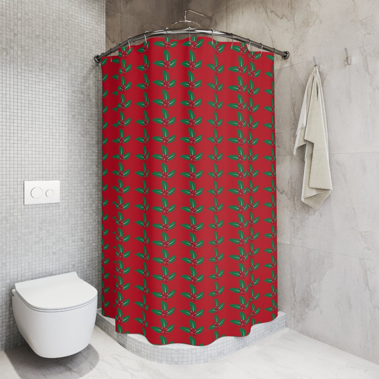 Festive Holly Shower Curtain - Holiday Bathroom Decor, Christmas Decor, Red Green Holiday Vibes, Botanical Design, Seasonal Gift