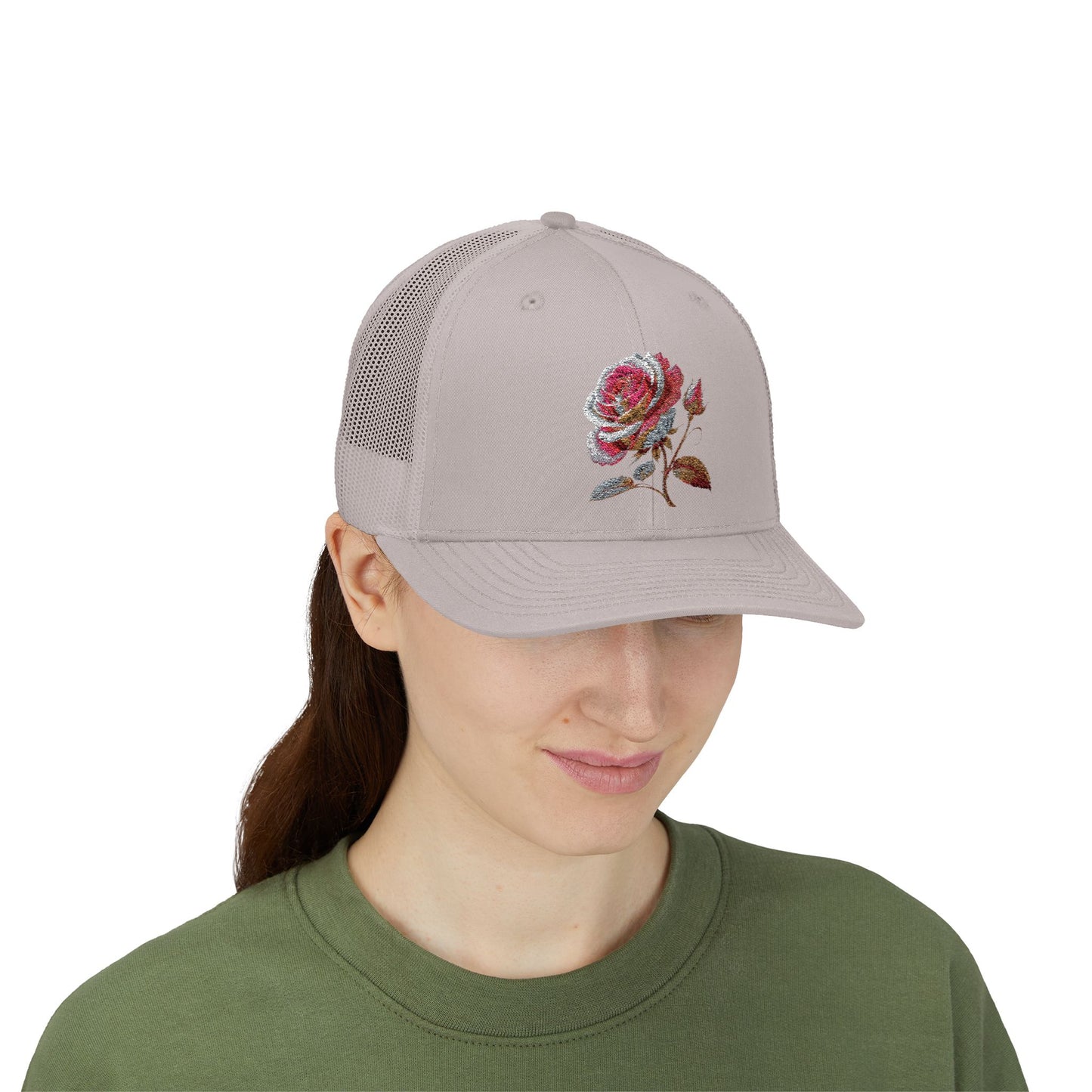Rose Embellished Snapback Trucker Cap, Casual Hat for Outdoor Events, Gift for Flower Lovers, Stylish Fashion Accessory, Holiday Cap