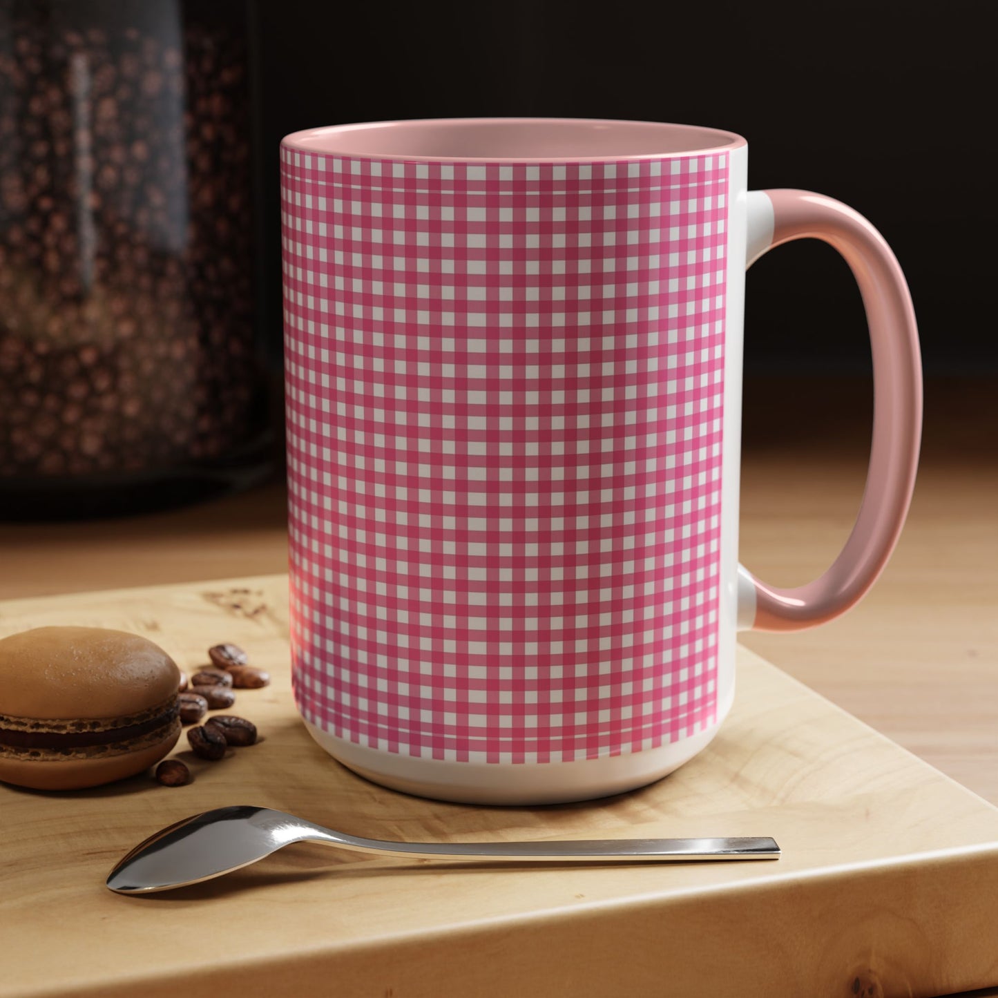 Pink Gingham Accent Coffee Mug, Cute Kitchen Decor, Gift for Coffee Lovers, Home Office Mug, Spring and Summer Vibes