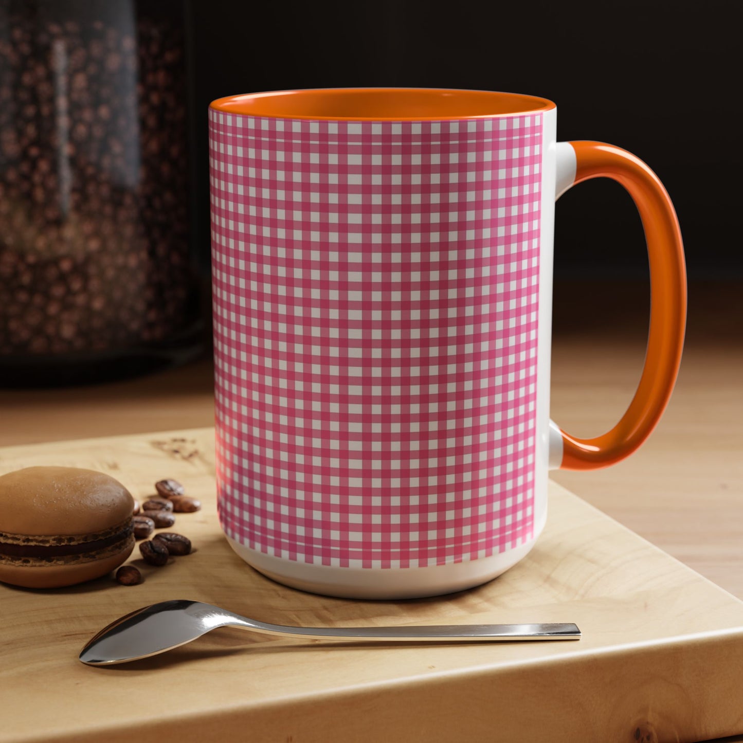 Pink Gingham Accent Coffee Mug, Cute Kitchen Decor, Gift for Coffee Lovers, Home Office Mug, Spring and Summer Vibes