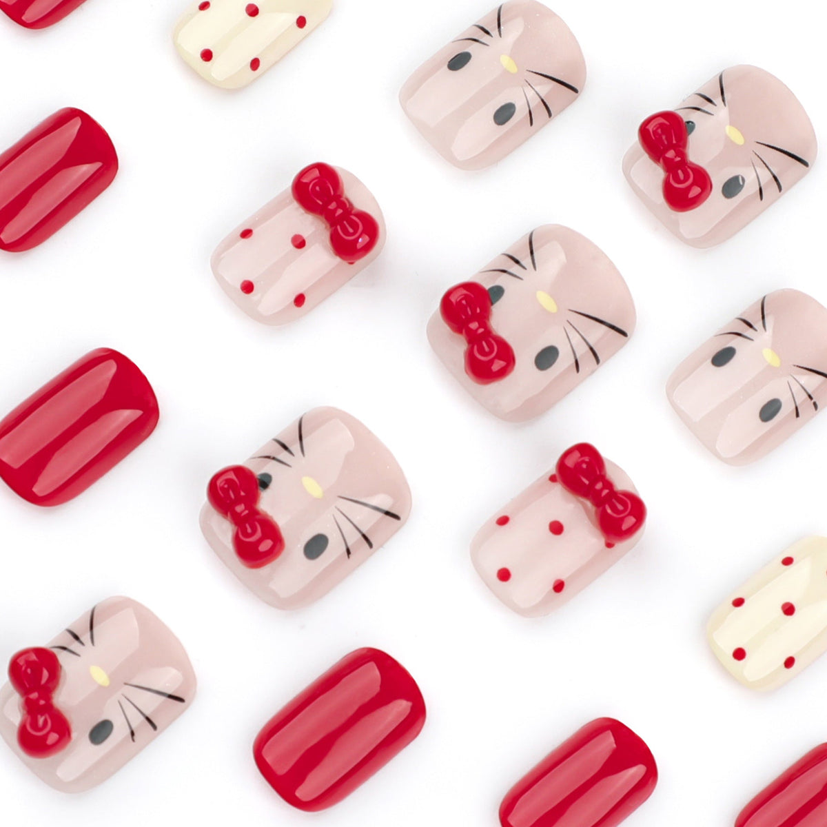 Autumn and winter sweet cat press-on nails three-dimensional point diamond bow removable manicure red polka dot – Image 3