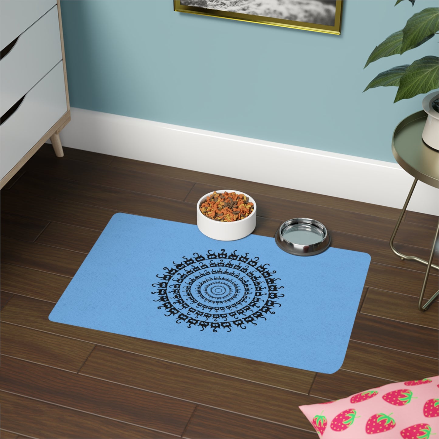 Pet Food Mat — Blue Mandala Paw Print Design (12x18)