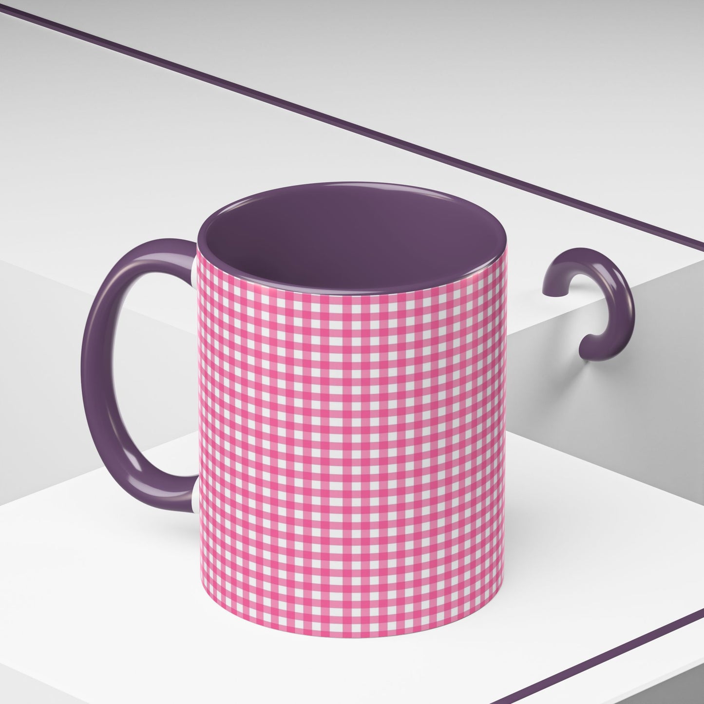 Pink Gingham Accent Coffee Mug, Cute Kitchen Decor, Gift for Coffee Lovers, Home Office Mug, Spring and Summer Vibes