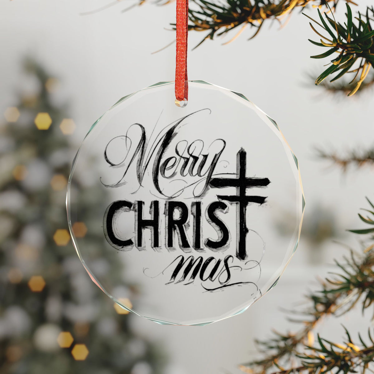 Crystal Heart Ornament — “Merry Christ-mas” Religious Christmas Glass Decoration