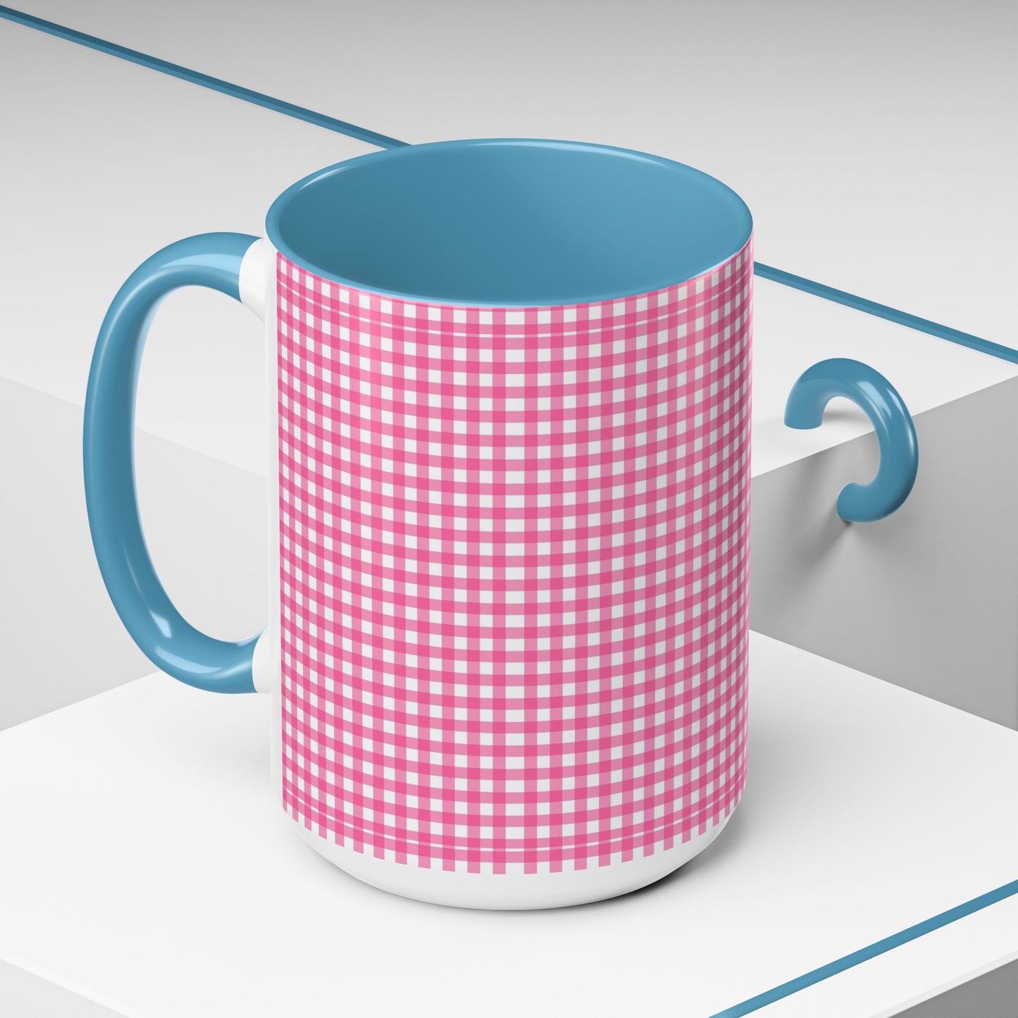 Pink Gingham Accent Coffee Mug, Cute Kitchen Decor, Gift for Coffee Lovers, Home Office Mug, Spring and Summer Vibes