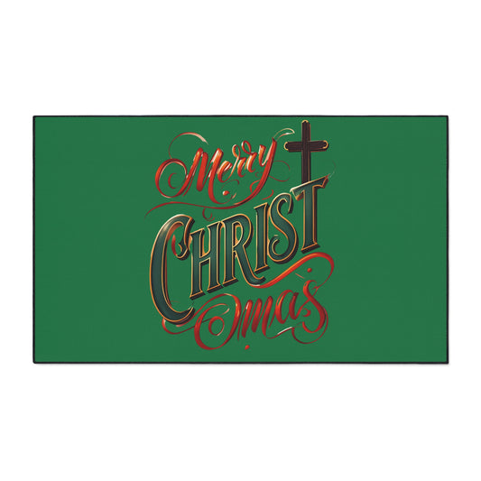 Christmas Floor Mat - "Merry Christmas" Script with Cross, Heavy-Duty Holiday Doormat