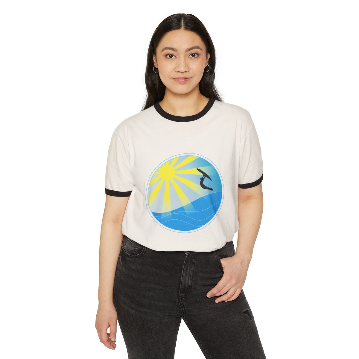 Surf Circle Ringer T-Shirt – Sunny Wave & Surfer Graphic